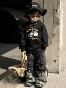 Black Cartoon Print Sweatshirt for Boys Spring New Style Stylish Baby Hoodie Comfortable Soft Material Easy to Wear
