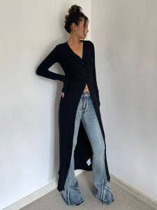 เสื้อคาร์ดิแกนถักยาวปานกลางสำหรับผู้หญิง ฤดูใบไม้ร่วงปี 2024 เสื้อคลุมยาวถึงเข่า ทรงสลิมฟิต แขนยาว ปกติ