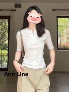 BINKAFENNY | French Elegance White Half Zip V-Neck Short Sleeve T-Shirt Women Summer Slim Fit Design Sense Mid Sleeve Top Korean Style Straight Cut Pure Color