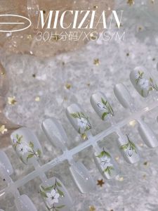 Ice Transparent Shiny Wearable Nail Art Mint Green White Small Flower Design 30pcs Set Easy to Apply Fake Nails Beauty Tools
