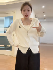 plus Size Hooded Double Zipper Knitted Open Cardigan Womens Autumn Winter Loose Sweater Korean Style Casual Top