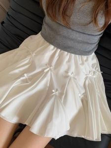 Váy Ngắn Chữ a Màu Trắng Cho Nữ Mùa Hè Thiết Kế Váy Bồng Ren Thắt Nút Bướm Váy Nửa Thân