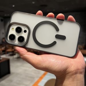 Magsafe Wireless Charging Compatible iPhone 15 pro Max Soft Shell Protective Case with Large Hole Lens Magnetic Absorption Frosted Semi-transparent White