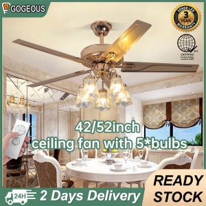 Gogeous 42/52inch ceiling fan with light modern tricolor dimming metal golden ceiling fan with 5 bulbs big size ceiling fan with lights and remote 5 blades big for living room dinning room bedroom