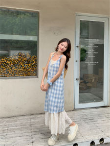 ชุดเดรสยาวลายสก็อตคอตตอนสไตล์หวานสำหรับฤดูร้อนปี 2025 ชุดเดรสยาวลายสก็อตแขนกุดเอวสูง กระโปรงทรงเอ ชุดเดรสยาวปานกลาง