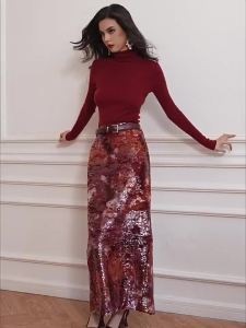 French Elegant Sweater and Skirt Set Red