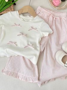 Sweet Princess Style Outfit Bow Check Flare Wide Leg Pants