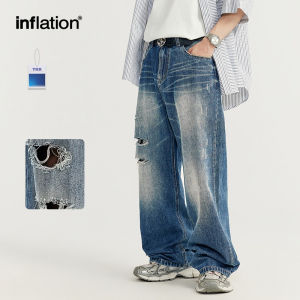 INFLATION brand mens youth 2024 spring/summer new product hip-hop retro distressed wide leg jeans washed retro straight leg denim pants
