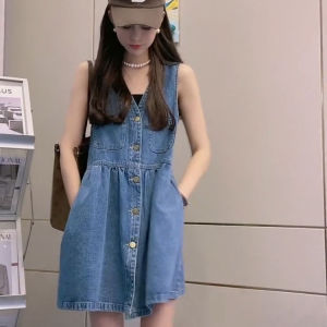 Summer GDAMSS Denim Vest Strap High Waist V-neck Dress Korean Style A-line Skirt Sleeveless Womens Dress Casual Home Wear