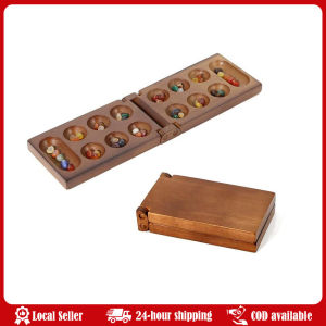 Riverstones & Bamboo Foldable Mancala Board Game - Fun Classic Table Game with Wooden Board for Adults & Kids Mancala African Gem Chess Classic Strategy Puzzle Toys Party Game Folding Chess Board Children Educational Logical Thinking Toys
