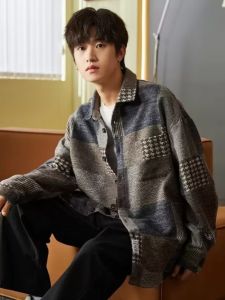Autumn Winter Plaid Mens Shirt Woolen Fleece Loose Long Sleeve Casual Classic Style Youth Trend Fashion Outerwear Coat