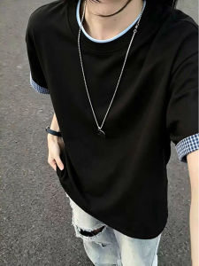OUMULONG | Plaid Design High End Illusion Two Piece Short Sleeve T-shirt