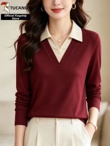 TUCANO | Collar Flap Stylish Versatile Womens Long Sleeve Solid V-Neck T-Shirt