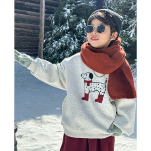 เสื้อสเวตเตอร์คอตตอนบุขนแกะหนาสำหรับเด็ก ทรงเข้ารูปสไตล์เกาหลี สำหรับเด็กชายและเด็กหญิง เสื้อคลุมกันหนาวสีแดงลายหมาป่า