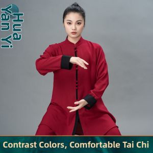 New Wine Red Long Sleeve Tai Chi Uniform Performance and Training Suit Spring Autumn