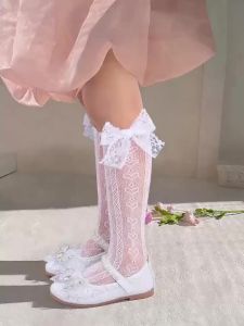 2 Pairs of Childrens Heart-Shaped Mesh Stockings with Lace Bow-Tie Decoration Suitable for Girls Aged 1-9Y to Wear in Summer