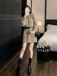 Elegant High Waist Knitted Dress Womens Autumn Winter Slimming Short Skirt Style Belted Inner Wear Sweater Dress Korean Version