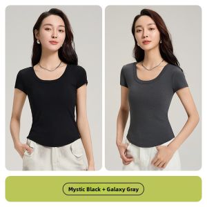 miiow | Slim Fit Short Sleeve T-Shirt Womens Black Shoulder Cat Person 2025 New Summer Outwear With Chest Pad Lyocell Fiber Moisture Wicking