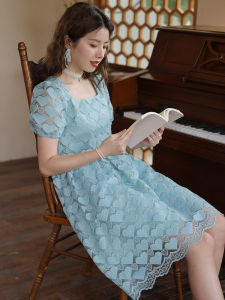 French Style Sweet Princess Short Dress Womens Summer New Retro Square Collar Waist Cinching Short Skirt High Waist A-Line Dress