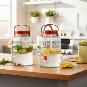 Bình Thủy Tinh Ngâm 5 Lít Có Vòi Hoặc Không Vòi - Hũ Thủy Tinh QX5L Đựng Nước Hoa Quả Quai Xách Nắp Đỏ Cao Cấp