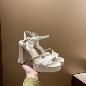 DS SHOE 966-1 GLOSSY SYNTHETIC LEATHER CHUNKY HEELS SANDALS FOR WOMEN