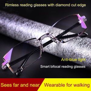 🔥Cc.👍 Fashionable Presbyopic Glasses Reading Glasses Dual Lens Anti Blue Light Nti-fatigue Diamond Trimming Eyeglasses Far and Near Frameless Dual Use