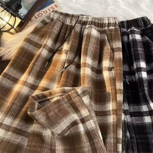 Retro American Plaid Mens Casual Pants Autumn Winter Japanese Style Lazy Fashion Straight Loose Black White Leisure Trousers