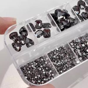 12Grids 3D Black Heart/Square/Oval Crystal Rhinestone Nail Charm Shiny Glass Stone Flatback Non-hotfix Diamond Nail Decoration