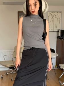 Fashionable Knitted Vest Top Teshop Half High Collar Slim Fit Elasticity in Black Grey Barbie Pink Color Commute Style Pure Color