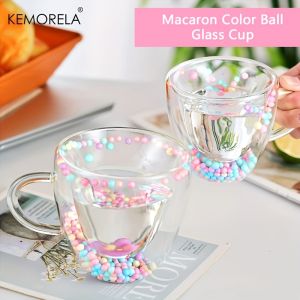 KEMORELA 1PCS Double Wall Clear Glass Coffee Mugs Clear Glass Cups with Handle Love Shape Colored Balls For Espresso Coffee