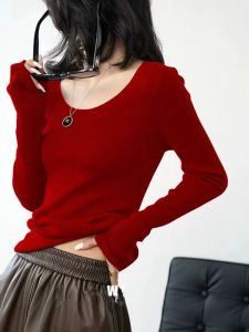 Chinese New Year Red Knitting Bottoming Shirt Womens Autumn and Winter Fancy Collarbone Silm Inner Wear Sweater Western Style U Collar Top