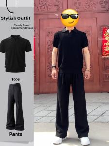 Elegant Black Knitted Polo Shirt Set with Bell Bottom Trousers