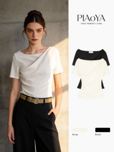 PIAOYA | White Off-Shoulder Ruffled Slant Collar Stylish Skinny T-Shirt