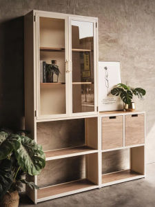 Scandinavian Solid Wood Combined Bookcase Modern Minimalist Living Room Display Storage Organizer Shelf Floor Glass Door Bookcase