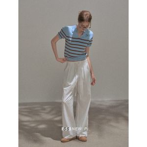 Blue Striped Short Sleeve Polo Shirt Knitted T-Shirt Womens Summer Slim Fit Shoulder College Style Top Quality Ladies Fashion