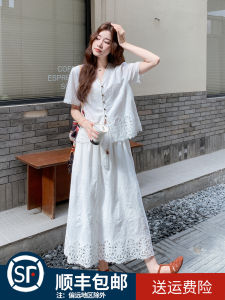 French Vintage Embroidered Shirt Set Womens High Waist Mini Skirt Two-Piece Suit Summer New Style Casual Style V-Neck Button