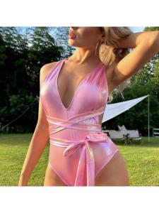 ชุดว่ายน้ำบิกินี่สีชมพู เอวกลาง ทรงสามเหลี่ยม สำหรับผู้หญิง ชุดว่ายน้ำชายหาด สวมใส่สบาย เหมาะสำหรับเล่นกีฬา ออกกำลังกาย ฟิตเนส