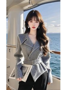 Elegant Grey Coat Womens Fashion Unique Stylish Waist-Cinching Top V-neck Long Sleeve Woolen Outerwear Autumn Winter New Arrival