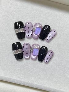 Handmade Ice Transparent Purple Violet Cat Eye Nail Art Stickers Luxury Polka Dot Hepburn Style Sweet Sister Purple Diamond White Handwear
