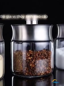Bộ Hũ Gia Vị Kín Hơi Chống Ẩm SSGP Set 3 Lọ Thủy Tinh Borosilicate Kèm Khay Nắp Inox 304 Thông Minh Tích Hợp Thìa Lấy Gia Vị 1 Tay