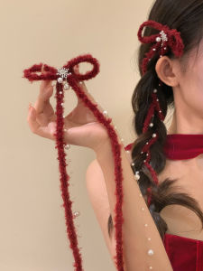 1/2PCS Red Knitted Bow Hair Accessory Pearl Tassel Snowflake Hair Clip Winter Christmas Hair Decor Elegant Long Tassel Hair