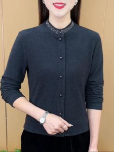 Winter New Arrival Double-Sided Velvet Bottoming Shirt Temperament Wild Pure Color Hot Drilling Classic Style Loose Youthful-Looking Mom Top Women