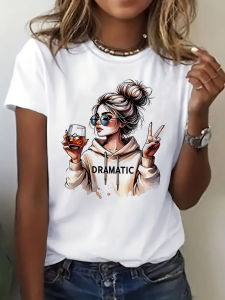 Streetwear 90s WomenS Casual Graphic T-Shirt "Dramatic" Print with Wine Print Short Sleeve T Shirt Clothing Top Tee