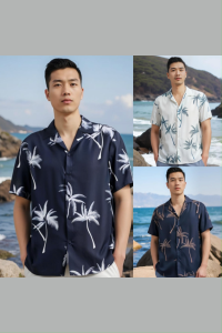 Mens Tropical Plants Print Hawaiian Style Short Sleeve Shirt