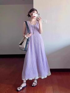 Summer 2026 New Womens Beach Vacation Purple Strap Dress Skirt Set High Waist A-Line Midi Dress Commute Style Clothing