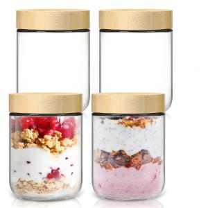 4 pack 16oz Overnight Oats Containers with Bamboo Lids Glass Jars with Airtight Lids for Meal Prep Wide Mouth Mason Salad Jars