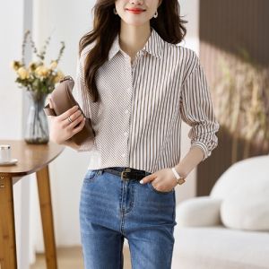 Womens Long Sleeve Striped Shirt Fashionable Patchwork French Design Sensation High-End Feel Commute Style Korean Version