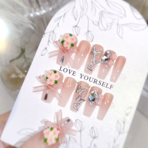 【With Glue】Ready Stock Female Mid-length Fake Nail Butterflies and Bouquets Artificial Nail for Women and Girl Party Activity