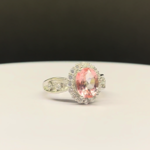 Pink Princess Oval Topaz Titanium Ring with Pavé Halo Setting – 9×7.2mm Pink Gemstone White Finish (ADJUSTABLE RING)