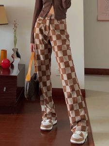 2024 Spring Chocolate Color Retro Chessboard Plaid Wide Leg Loose High Waist Slim Looking Casual Denim Pants Female Fashion